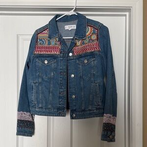 Mango Blue Denim Jacket with Colorful Embroidered Yoke and Trim
